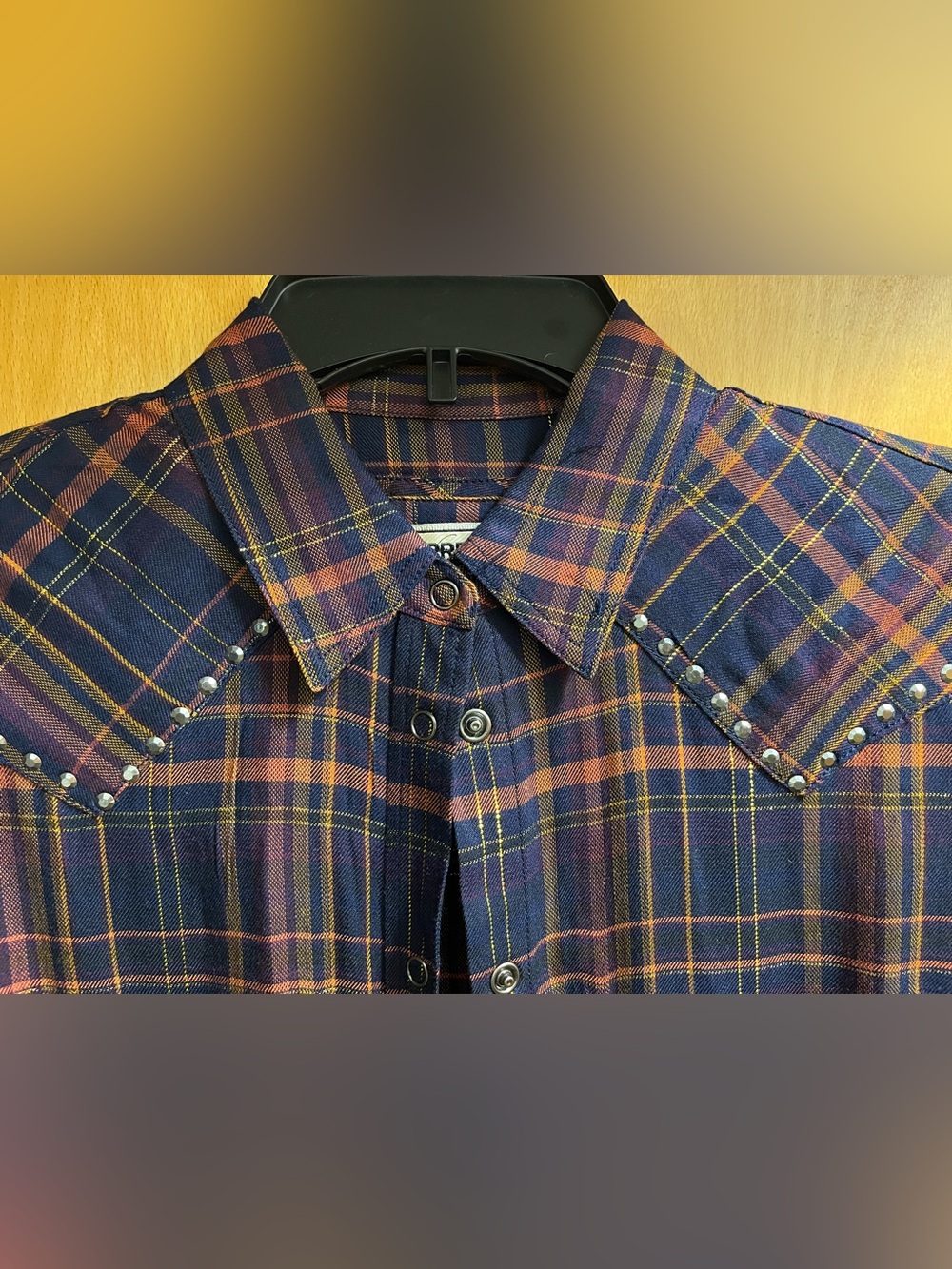 Express Womens Plaid Studded Boyfriend Shirt Snap Up Western Size XS Navy Fall